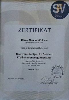 Zertifikat Sachverständiger im Bereich Kfz-Schadensbegutachtung